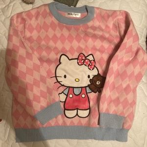 Girls Hello Kitty Knit Sweater Pull Over Pink Plaid Diamond Blue Embroidered 7 8
